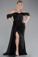 Black Boat Neck Long Sequined Plus Size Evening Gown ABU4086