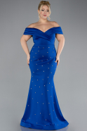 Sax Blue Boat Neck Long Stoned Plus Size Evening Gown ABU4347