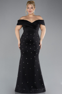 Black Boat Neck Long Stoned Plus Size Evening Gown ABU4347