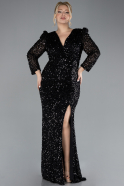 Black Long Sleeve Slit Sequined Plus Size Evening Dress ABU4333