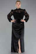 Black Guipure Long Sleeve Slit Velvet Plus Size Evening Dress ABU4341