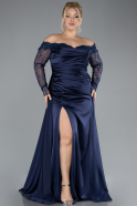 Navy Blue Laced Long Sleeve Slit Satin Plus Size Evening Dress ABU4348