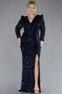 Navy Blue Long Sleeve Slit Sequined Plus Size Evening Dress ABU4333