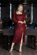 Red Short Sleeve Midi Scaly Evening Dress ABK2172