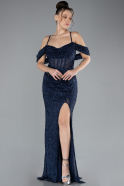 Navy Blue Slit Long Stone Prom Gown ABU4394