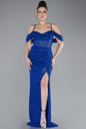 Sax Blue Slit Long Stone Prom Gown ABU4394