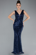 Navy Blue Sleeveless Scaly Long Evening Gown ABU4327