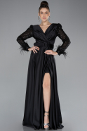 Black Sequined Long Sleeve Slit Satin Evening Dress ABU4399