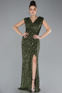 Olive Drab Sleeveless Slit Long Sequined Plus Size Evening Dress ABU4401