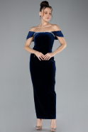 Navy Blue Off The Shoulder Midi Velvet Invitation Dress ABK2173