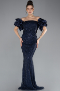 Long Navy Blue Beaded Plus Size Engagement Dress ABU4413