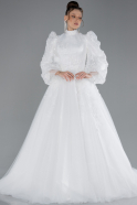 White Long Sleeve Stoned Hijab Plus Size Wedding Dress ABU4458