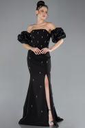 Black Sleeve Detail Slits Strapless Long Plus Size Evening Gown ABU4474