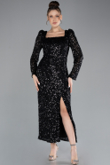 Black Long Sleeve Square Neck Scaly Midi Cocktail Dress ABK2182