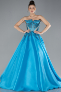 Oil Blue Stoned Strapless Neckline Long Plus Size Haute Couture Dress ABU4462