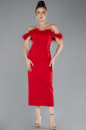 Red Feathered Boat Neck Midi Cocktail Dress ABU4473