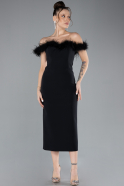 Black Feathered Boat Neck Midi Cocktail Dress ABU4473