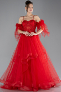 Red Strappy Laced Long Tulle Prom Dress ABU4492