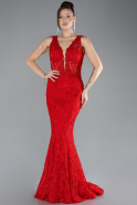 Red Sleeveless Laced Long Mermaid Prom Gown ABU4493