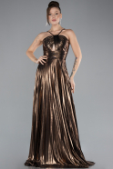 Copper Symmetrical Cut Long Metallic Chiffon Evening Gown ABU4497