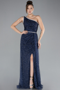 Navy Blue One Shoulder Slit Stone Long Evening Gown ABU4500