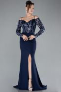 Navy Blue Sequined Long Sleeve Trained Mermaid Evening Gown ABU4501