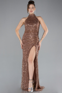 Copper Halter Neck Slit Long Scaly Evening Gown ABU4376