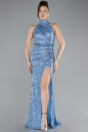 Indigo Halter Neck Slit Long Scaly Evening Gown ABU4376