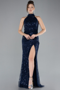 Navy Blue Halter Neck Slit Long Scaly Evening Gown ABU4376