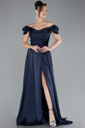 Navy Blue Boat Neck Slit Long Satin Prom Gown ABU4508