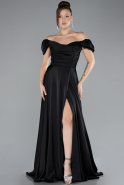 Black Boat Neck Slit Long Satin Prom Gown ABU4508