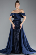 Navy Blue Boat Neck Tail Long Sequined Evening Gown ABU4515