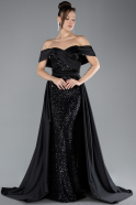 Black Boat Neck Tail Long Sequined Evening Gown ABU4515