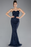 Navy Blue Strapless Shawl Stoned Long Evening Gown ABU4517