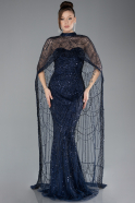 Navy Blue Strapless Shawl Stoned Long Evening Gown ABU4517