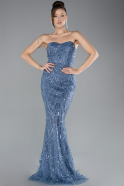 Blue Strapless Shawl Stoned Long Evening Gown ABU4517