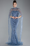 Blue Strapless Shawl Stoned Long Evening Gown ABU4517