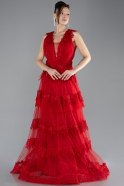 Red Sleeveless Long Tulle Prom Dress ABU4520