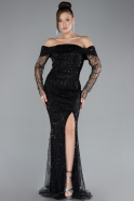 Black Boat Neck Slit Stone Long Mermaid Evenng Gown ABU4521