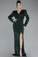 Emerald Green Long Sleeve Slit Sequined Evening Gown ABU4329