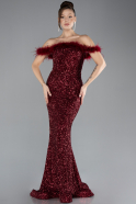 Burgundy Feathered Boat Neck Sequined Long Mermaid Prom Dress ABU4513