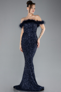 Navy Blue Feathered Boat Neck Sequined Long Mermaid Prom Dress ABU4513