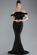 Black Feathered Boat Neck Sequined Long Mermaid Prom Dress ABU4513