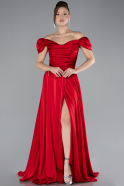 Red Boat Neck Slit Long Satin Prom Gown ABU4508