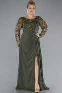 Olive Drab Stoned Long Sleeve Slit Chiffon Plus Size Evenin Gown ABU4506