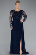 Navy Blue Stoned Long Sleeve Slit Chiffon Plus Size Evening Gown ABU4506