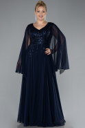 Navy Blue Chiffon Shawl Sleeve V Neck Scaly Long Plus Size Evening Dress ABU4507