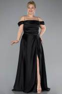 Black Strapy Slit Long Satin Plus Size Evening Gown ABU4528