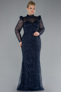 Navy Blue Long Sleeve High Collar Stoned Evening Gown ABU4526