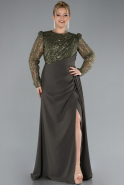 Olive Drab Stoned Long Sleeve Slit Plus Size Evening Gown ABU4311